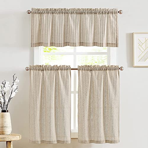 jinchan Kitchen Curtains and Valances Set Striped Tier Curtains Ticking Stripe Linen Curtains Pinstripe Cafe Curtains 24 Inch for Living Room Bathroom Farmhouse 3 Pieces Set Rod Pocket Taupe on Beige