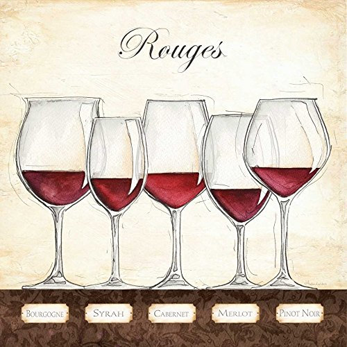 ART-CANVAS-estirado-en-BARRAS DE MADERA Les Vins Rouges Laliberte Andrea - Cocina imagen cuadrada amarillo crema copas de vino tinto vaso mixto Fine art print 26_X_26_in