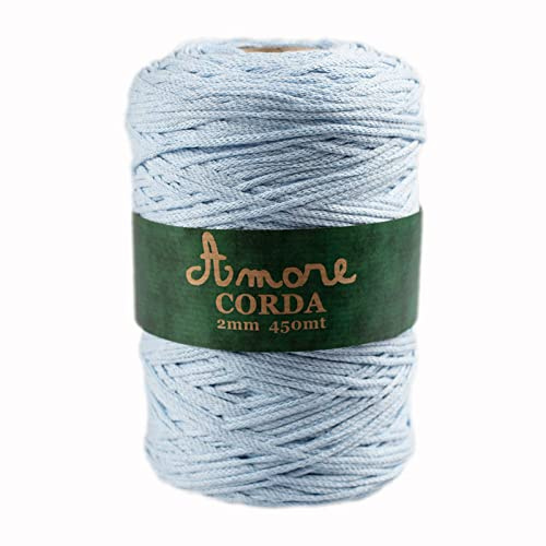 Corda 2mm Cotone (Azzurro), Filo per Macramè, Cordino per Borse a Uncinetto e Fai da te, Filato per Uncinetto e Ferri Made in Italy, BORGO DE’ PAZZI FIRENZE