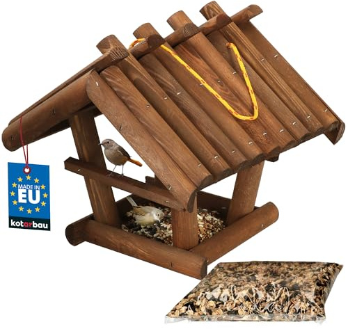 KOTARBAU® Mangiatoia da Esterno in Legno - 27x28x26 cm - Casetta Legno Per Uccelli - Da Esterno Con Cibo 0.5 kg - Mangiatoia Uccelli Selvatici - Marrone