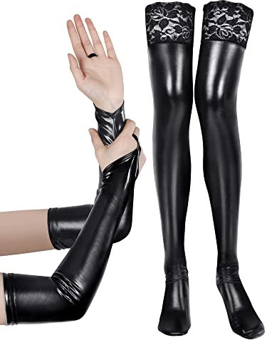 Bencailor Women's Wet Look Costume Set Include Fingerless Long Gloves Thigh High Stockings with Lace for Cosplay, Black, S/M