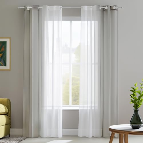 Deconovo Tende per Interni Camera da Letto Moderne con Occhielli 2 Pezzi, Tende SoggiornoTrasparenti in Voile, 140x215 CM Grigio Chiaro