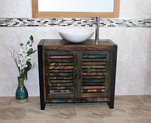 Wooden Bathroom Vanity with Sink - Double Door Bathroom Sink Cabinet Wash Basin - Urban Chic Single Vanity Unit with Chromed Mixer Tap - White Marble Bowl (IRF02D025WHITE)