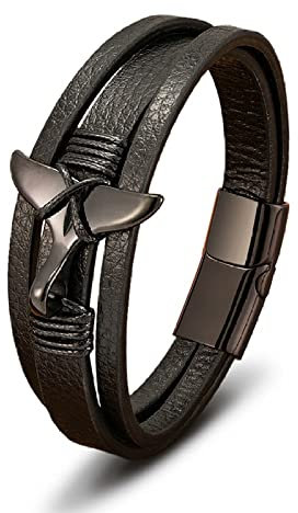LIRU Armband Männer,Armbänder Für Männer Lrregular Wings Design Geflochtenes Lederarmband Schwarz Modeaccessoires Verschluss Schwarzes Lederarmband Charm Schmuck Für Frauen Männer Geschenk 21Cm