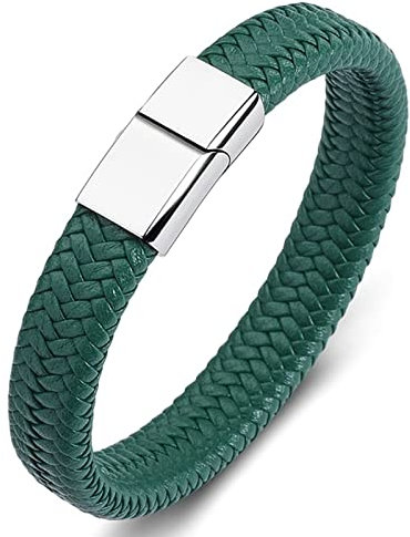 Gualiy Männer Armband Edelstahl, Herren Schmuck Leder Armband Grün Geflochten Armband mit Silberschnalle 16.5CM Herren Armband