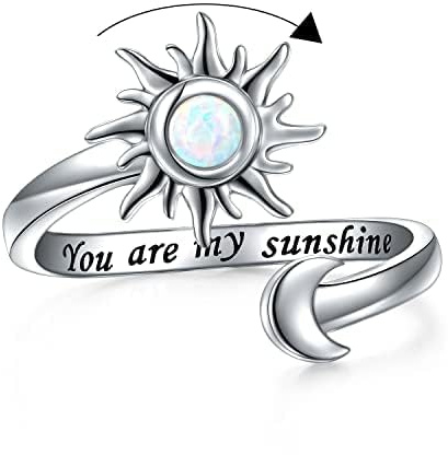Angst Ring für Damen 925 Sterling Silber Erstellter Opal Sonnen und Mond Spinner Ring Verstellbar Offene Anti Stress Abbauender Ringe Schmuck Geschenk für Damen und Herren