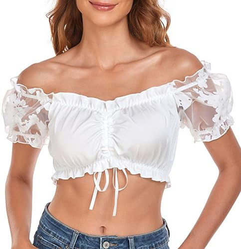 Wantonfy Dirndl Bianca Tops Donna Bavarese Tradizionale Oktoberfest