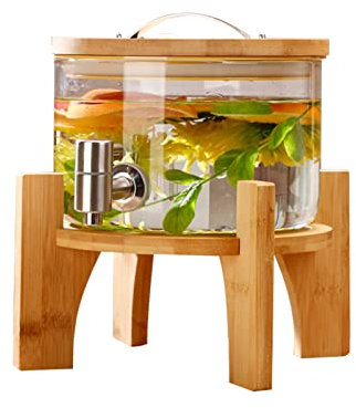 LTLWSH Dispensador de Bebidas de Cristal, Botella con Grifo Soporte y Tapa de Madera para Bebida Caliente o fría, Garrafa de Agua de 3 L,C