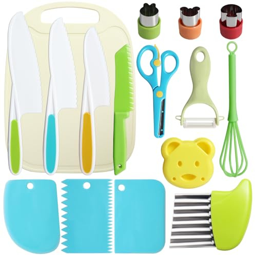Cevikno Kindermesser Set- Kindermesser aus Holz, Küchenmesser für Kleinkinder Einschließen Schneidebrett Y-Schäler Crinkle-Cutter, Montessori Kindermesser (Gelb)