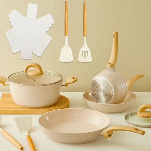 Vkoocy Non Stick Pots and Pans Set, Healthy Ceramic Cookware Set, 12pcs Kitchen Cooking Pots and Frying Sauce Saute Pans Set, PFAS-Free with Kitchen Utensils and Lid, Tan