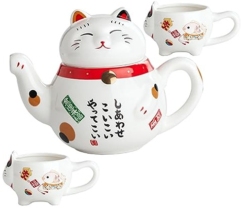 Hoement Set da tè Ceramica Giapponese Teiera Gatto Fortunato Tazze da tè Kungfu Portatili Servizio Elegante per Casa Ufficio e Viaggi Senza Vassoio Regalo Decorativo