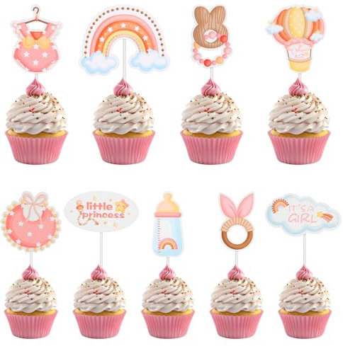 Yuanchu 36 Stück Babyparty Tortendeko Taufe Mädchen,Baby Girl Cupcake Topper Baby Shower Tortendeko Gender Reveal Party Torten Deko Rosa Muffin Deko(Mädchen)