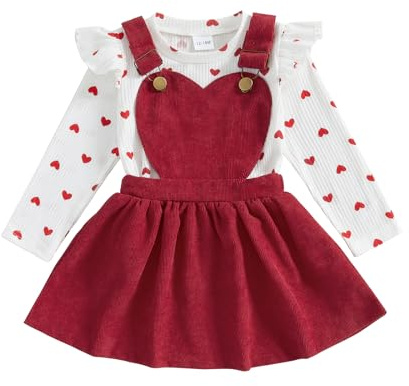 Loalirando 2Pezzi Tuta Invernale Completo Bambina Elegante Top Stampa Cuore Maglietta con Volant Maniche Lunghe+Gonna con Bretelle Bambina per Natale Casual (Rosso, 6-12 Months)