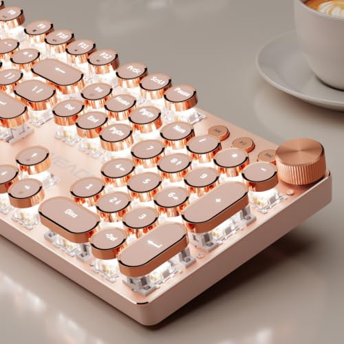 EWEADN - Teclado inalámbrico V20 para máquina de escribir, 104 teclas, estilo máquina de escribir mecánica con retroiluminación blanca, perilla multimedia, interruptor rosa 2.4G/Bluetooth/USB-C con