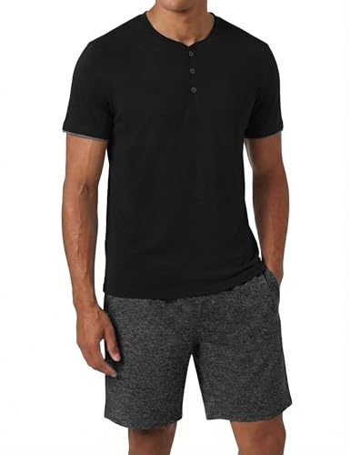 Uniexcosm Pijama Corto de Hombre Verano Conjunto de Pijama Hombre 2 Piezas Ropa de Dormir de Algodón Camisetas Manga Corta y Pantalones Cortos Negro XXL