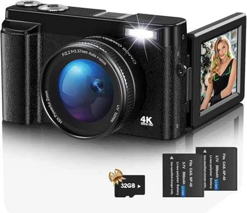 Appareil Photo Numérique 4K UHD Autofocus avec Carte 32G, Caméra de Vlogging 48 MP avec écran Rabattable à 180° et Lentille UV, Appareil Photo Compact pour Adolescents, Débutants, Adultes