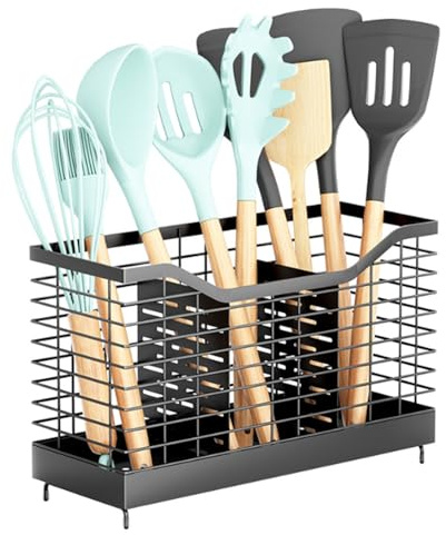 buysigo Portautensili per bancone da cucina, organizer per utensili da cucina, grande ciotola in acciaio inox, 3 scomparti, colore: nero