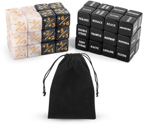 48 STK Würfel Zähler, Acryl Token Gezinkte Würfel Set mit Samtbeutel Fähigkeiten Schlüsselwörter Zählerwürfel Loyalität Cube Würfel Magic The Gathering Zubehör für MTG TCG-Kartenspiel