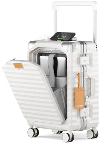 Joyway 20 Inch Carry on Luggage with Aluminium Frame and Front Pocket, PC Hardshell Suitcase with USB Port and Cup Holder, 21.5x14.2x9 Airline Approved, Luggage with Spinner Wheels and TSA Lock(White)