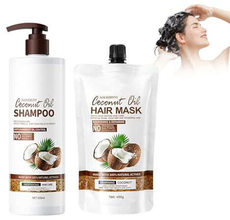 Hppsctink 500ml Champú de coco y 400g Mascarilla capilar de coco, acondicionador limpiador e hidratante, cabello grueso y voluminoso, shampoo