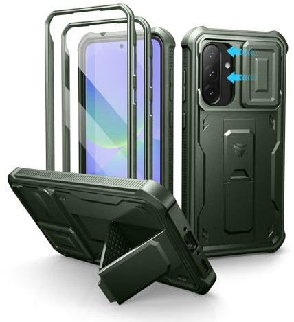 Dexnor pour Coque Samsung Galaxy A36【Double Cadre Avant et Support】 avec CaméRa Coulissante Intégrée & Protecteur d'écran, Coque de Protection Robuste Résistante Aux Chocs - Vert Militaire