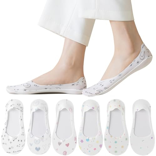 6 par damstrumpor sneakers - inga synliga strumpor med halkfri silikon vacker blommålning modellering 36–39