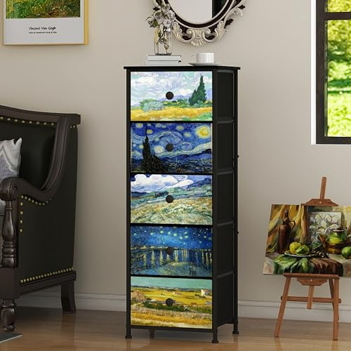 Welfuturer Bedroom Chest of Drawers with 5 Fabric Drawers Van Gogh Dresser Nightstand Bedside Table Tall Storage Unit for Bedroom Living Room Halfway - Metal Frame Wooden Top