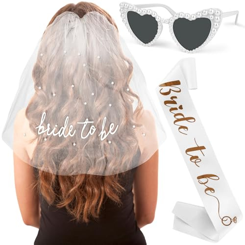 FLEXNOVA 3 Stück JGA Accessoires Frauen, Junggesellenabschied Braut Bride to be JGA Deko, Bachelorette Party Accessories Sonnenbrille Schleier Braut Bride to be Schärpe für Hochzeit Zubehör Fotografie