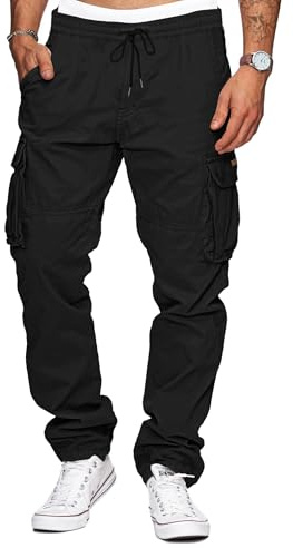 TARAINYA Pantalon Cargo Homme Coton Baggy Chino Cordon de Serrage avec Poches Noir L