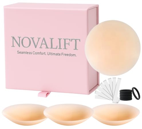 NovaLift 3 Pairs Thin Edge Nipple Covers Hypoallergenic Soft Silicone Pasties –Seamless Adhesive Nipple Covers for Women Reusable Invisible Breast Petals & clothing tape hair ties - Backless dress
