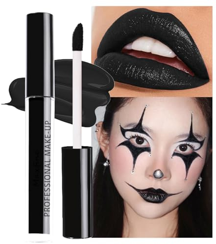 Black Lipstick Long Lasting, Black Lipgloss Goth Makeup, Matte Waterproof Lip Gloss Liquid Lipstick, Highly Pigmented Lip Stain Halloween Makeup for Women