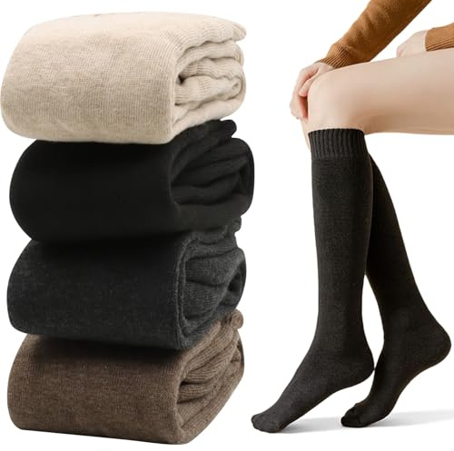 Solivive 4 Paires de Chaussettes Hautes Femme Hiver – Chaussette Femme Chaude Tricotée, Chaussette Haute Femme en Laine Polaire pour Automne/Hiver, Noir, Gris, Marron, Avoine + Sac à Linge