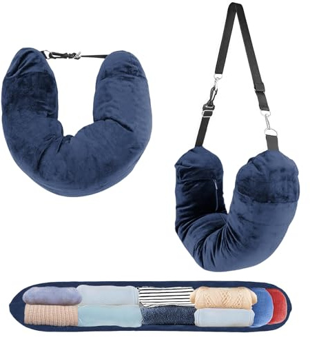 OIHCAZ Stuffable Travel Pillow, Fillable Neck Pillow for Travel with Adjustable Straps, Portable Soft Airplane Pillows Stuffable with Clothes for Essentials Extra Luggage, Travel Essentials (Blue)