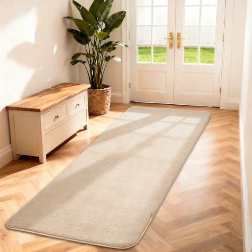 Teppich Läufer Flauschiger Kurzflor, Wohnzimmerteppich, 60X150, Beige | Kleiner Matte Flur Teppiche Schlafzimmer, Einfarbiges Bettvorleger Rutschfest für Deko/Küche/Eingang/Kinderzimmer