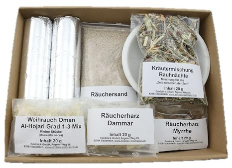 Räucher Set „Rauhnächte“ – 10 TLG. – Kräutermischung Rauhnächte u. Weihrauch Oman Al Hojari, Myrrhe und Dammar - Räucherschale u. Zubehör – im Geschenkkarton mit Klarsichtdeckel (Weiße Schale)