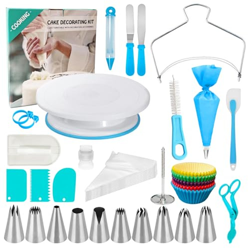 kelav Torten Zubehör Set, 196 Stück Backzubehör für Torten Drehbare Tortenplatte Spritztüllen Tortenständer Kuchen Dekorations, Spritzbeutel Paletten Umfangreichem Backzubehör für Anfänger und Profis