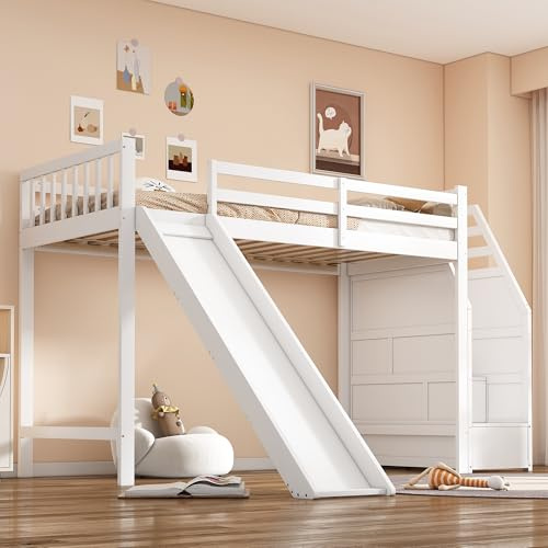 Kelodan 90 x 200 cm, letto a soppalco, con scivolo, scala di appoggio, certificato EN747, senza materasso, bianco