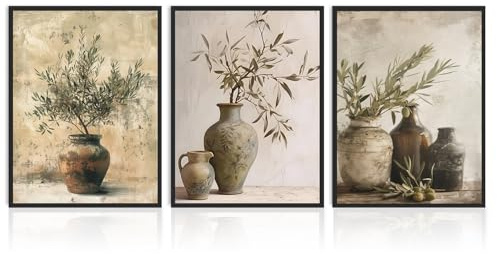 Dazzlewall 3er Set Vintage Rustikale Olivenzweig Wandkunst, Grüner Olivenzweig in Tonkrug Wandbilder für Landhaus Schlafzimmer Wohnzimmer Küche Ohne Rahmen 30x40 cm