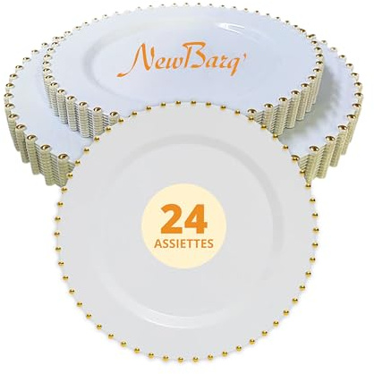 NEW BARQ' – Set Assiettes Perle Or 24 Pièces | Vaisselle Réutilisable Premium | Motif Perlé Doré | Parfait pour Plats, Desserts & Réceptions