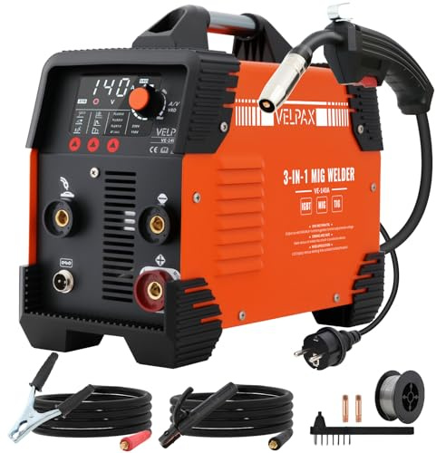 140A 230V MIG Welder Gasless, 3 in 1 Welding Machine Flux Core Welder, Portable Welder with IGBT Inverter, Smart Digital LED Dispaly and Welding Rods Flux Wires (Orange)