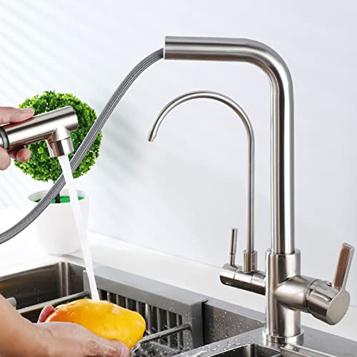 3-Function Pull-Out Kitchen Faucet, Brushed Nickel Brass Water Purifier Tap, Easy Clean Mixer for Modern Kitchens, Multifunctional Spray for Effortless Use