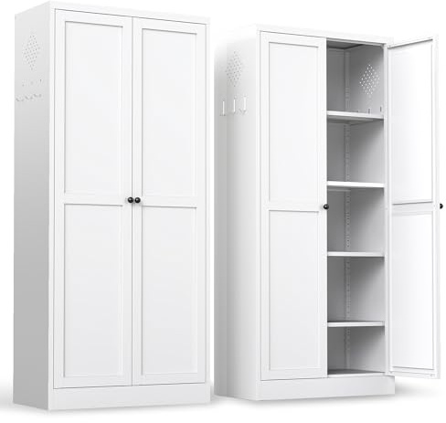 BIZOEIRON Metallschrank 155 x 70 x 35 cm, Aufbewahrungsschrank mit 4 höhenverstellbaren Einlegeböden, Mehrzweckschrank, Haushaltsschrank, Vorratsschrank für Wohnzimmer, Küche, Flur, Keller, Weiß