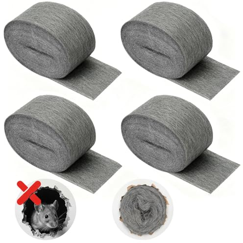 4 PCS Wire Wool Rats, 12m Steel Wool Mice Blocker, 0000 Steel Wool Mice Blocker for Cleaning, Metal Polish, Wood, Rats Rodent Control for Kitchen, Garage, Attics, Garden