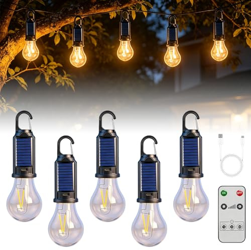 LED Campinglampe Solar mit Haken, 5 Stück Tragbare Camping Licht Glühbirne mit 3 Helligkeitsmodi, Solar Campinglampe Aufladbar Wasserdicht für Abenteuer, Angeln, Notfall [Energieklasse A]