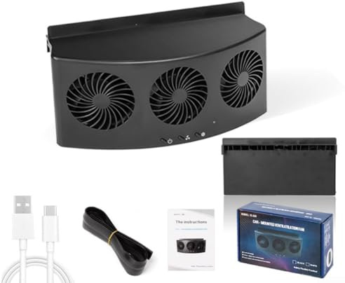 USB Rechargeable Car Window Exhaust Fan, 4000 RPM High Speed Cooling Ventilator with 3 Air Outlets for Hot Weather Relief(Black | Power on)