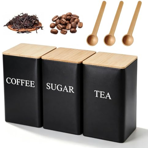 Tea Coffee Sugar Canisters Set With Spoon, Canister Storage Jar Container | 1L Metal Square Canister Storage Jar Container Set Black Tea Caddy Set of 3 for Kitchen Counter Organization