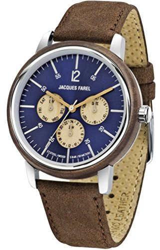 Jacques FAREL Hayfield Nachhaltige Damen und Herren Holz-Armbanduhr Walnuss Öko-Leder Terra-Braun Multifunktion Analog Quarz Stahl-Gehäuse 5 Bar ORM 2005