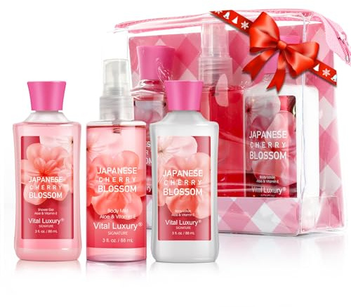 Vital Luxury Bath and Body Care Travel Set - Home Spa Set with Body Lotion, Shower Gel and Fragrance Mist, Personal Body Care Travel Set for Birthday Christmas New Year Gifts(Japanese Cherry Blossom)