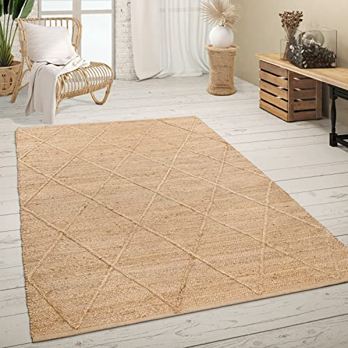 Paco Home Alfombra Salón Yute Fibras Naturales Hecha A Mano Motivo 3D Escandinavo Moderno, tamaño:80x150 cm, Color:Naturaleza