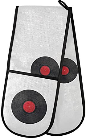 Realistic Vinyl Record CD Player Texture Black Red Pattern Double Oven Mitt Gloves Extra Long Potholder High Heat Resistant for Baking Cooking Baking Grilling Handling Hots Pans 35x7
